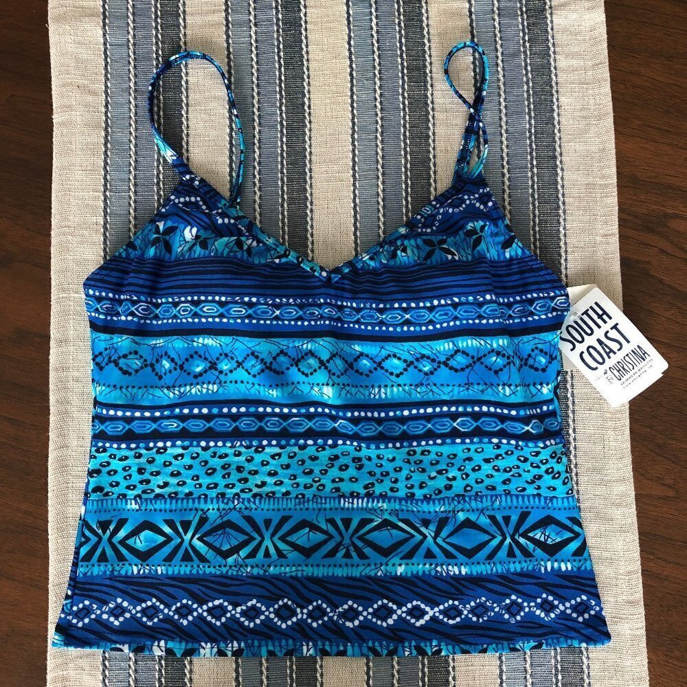 South Coast By Christina Aztec Print Nylon Spandex Tankini Top Blue Sz 8 NWT